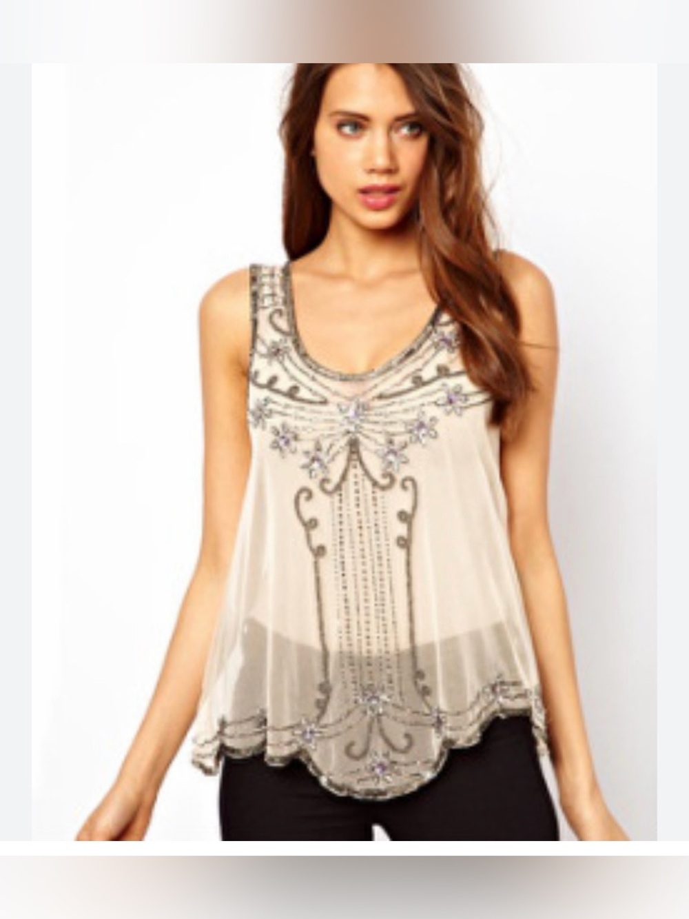 Temperance Handbeaded The GatsbyTank -EUC Sz Sm Overszd- Sheer-Creme-details!😍